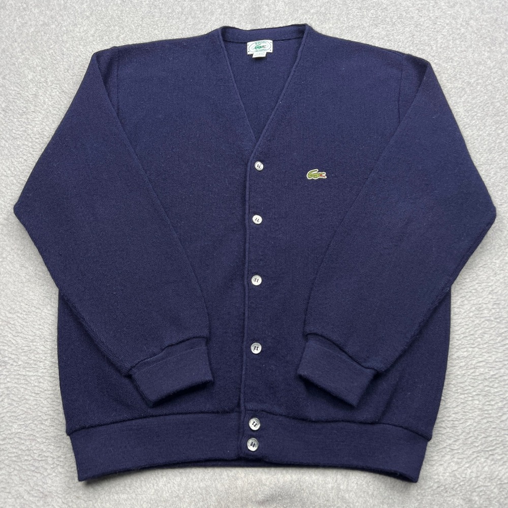 VTG Izod Lacoste Cardigan Mens Large Navy V-Neck Orlon Button Up Sweater USA